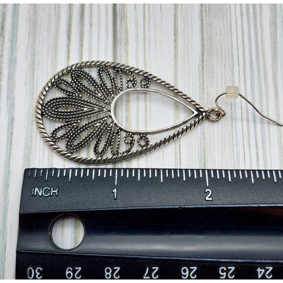 Premier Designs Silver Tone Filigree Openwork Teardrop Earrings Statement 2.5" - Picture 9 of 9